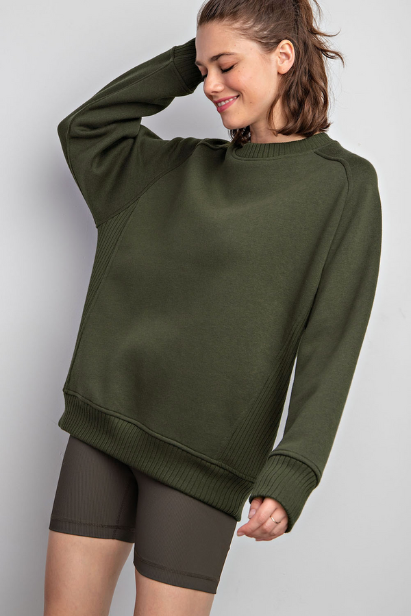 Fleece French Terry Crew Neck Sweatshirt- Army Green