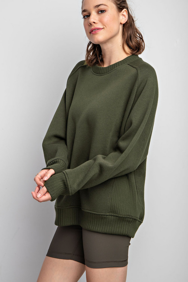 Fleece French Terry Crew Neck Sweatshirt- Army Green