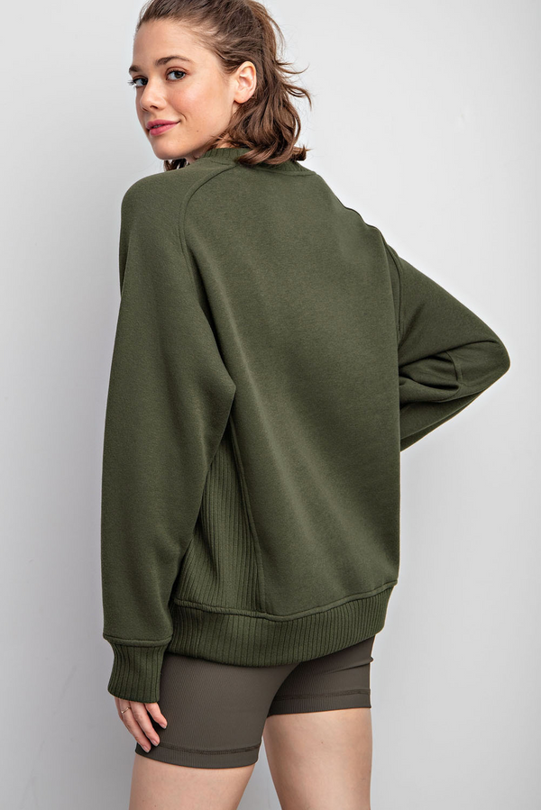 Fleece French Terry Crew Neck Sweatshirt- Army Green