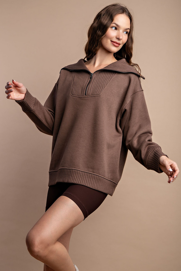 Fleece French Terry Mock Neck 1/4 Zip Pullover- Coffee