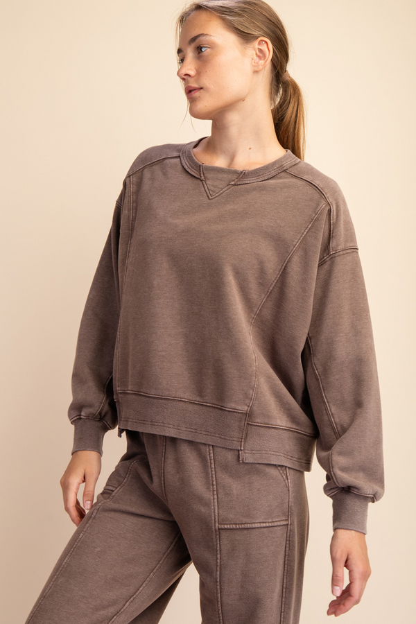 Mineral Washed French Terry Crew Neck Pullover- Mocha