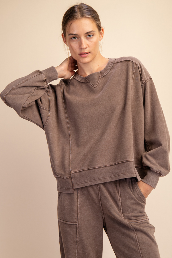 Mineral Washed French Terry Crew Neck Pullover- Mocha