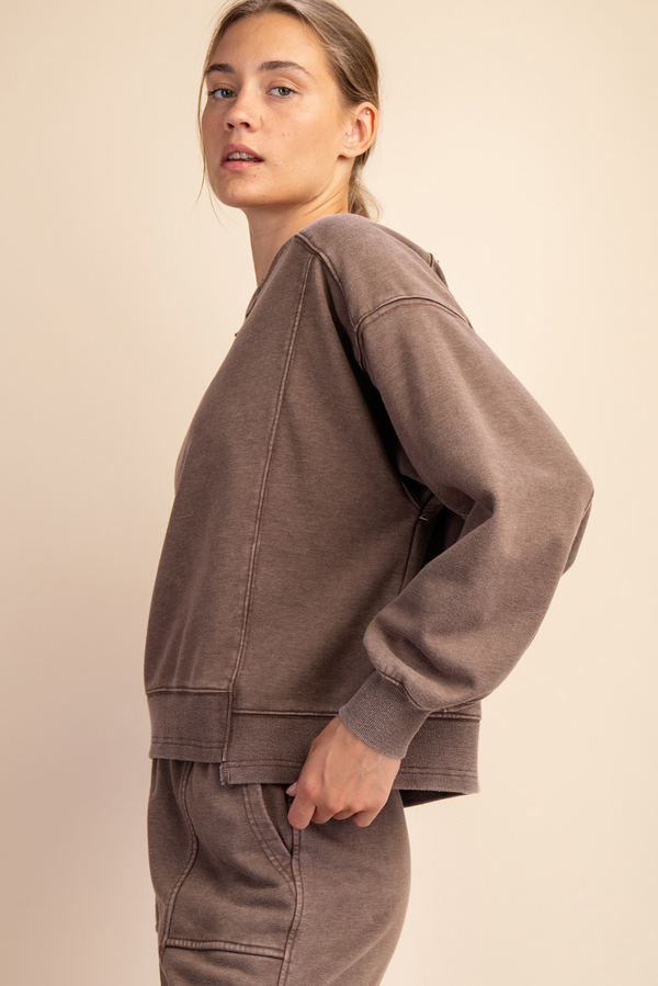 Mineral Washed French Terry Crew Neck Pullover- Mocha