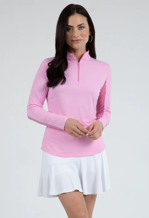 IBKUL Women's Long Sleeve Mock Neck 1/4 Zip Top- Candy Pink