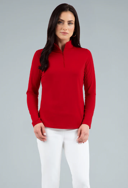 IBKUL Women's Long Sleeve Mock Neck 1/4 Zip Top- Red