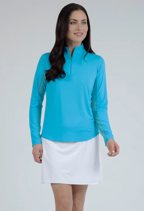 IBKUL Women's Long Sleeve Mock Neck 1/4 Zip Top- Turquoise