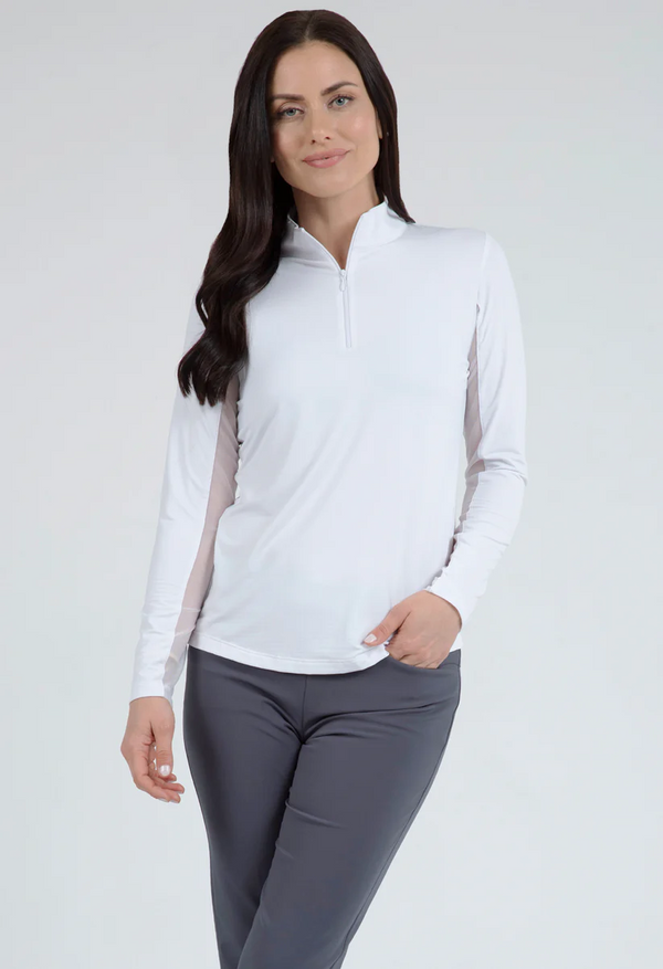 IBKUL Women's Long Sleeve Mock Neck 1/4 Zip Top- White