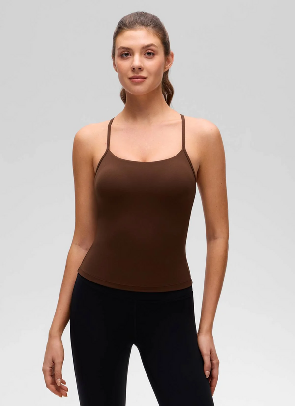 CRZ Yoga Butterluxe Waist Length Y Back Built in Bra Tank- Lava Brown