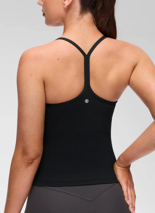 CRZ Yoga Butterluxe Waist Length Y Back Built in Bra Tank- Black