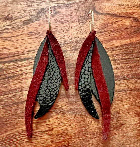 Black & Garnet Leather Earrings