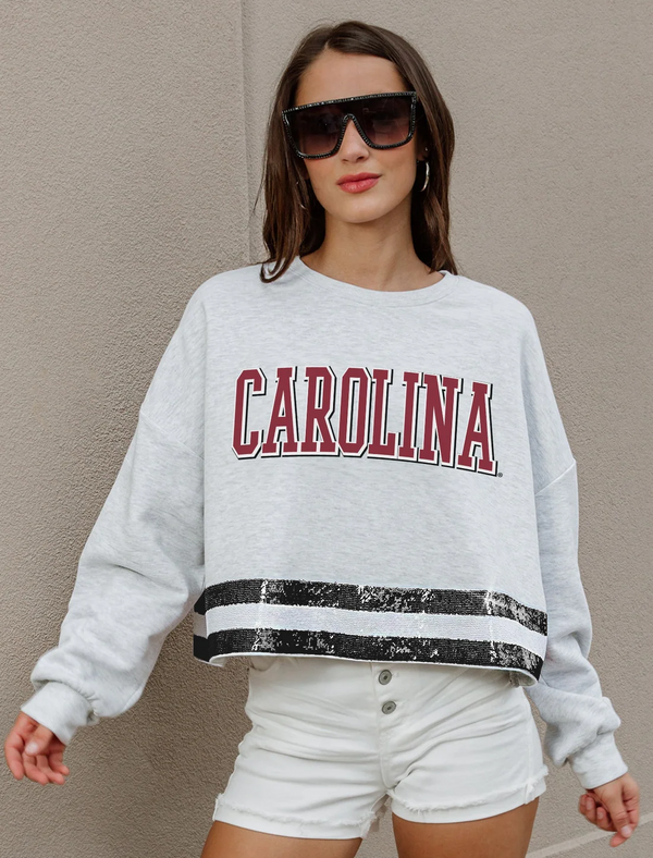 SOUTH CAROLINA GAMECOCKS Pass The Shine Sequin Trim Mid-Crop Sweatshirt
